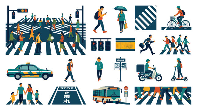 Flat Vector Urban City Life  Pedestrian Traffic Illustration Set with Street Elements, People, and Vehicles