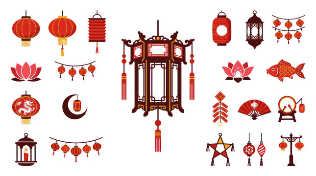Chinese New Year Flat Vector Icons Set: Traditional Lanterns, Lotus, Fish,  Festival Celebration Elements