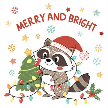 Merry and Bright Cute Christmas Raccoon with Christmas Lights T-Shirt Design