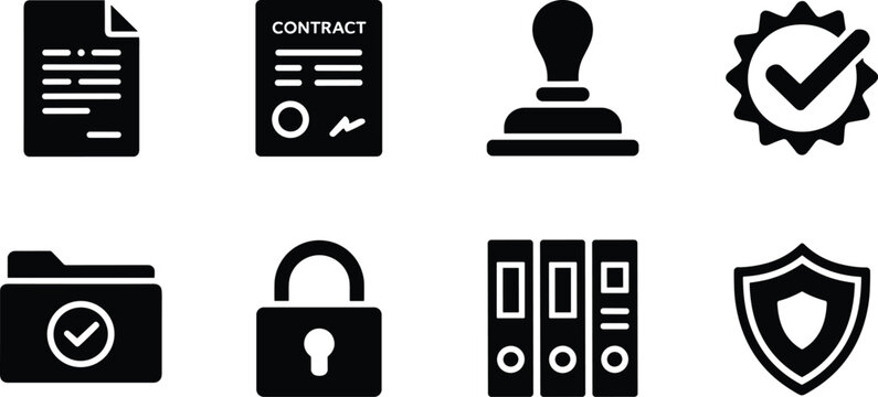Business Documentation and Security Icons with Contracts, Folders, and Protection Vector Set