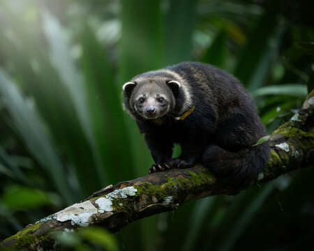 Binturong Sitting on a Mossy Tree Branch in a Lush Forest
