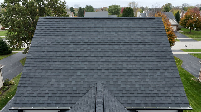 Modern asphalt shingle roof installation | Residential roofing inspection drone view | Gray architectural shingles on suburban home | New roof replacement maintenance