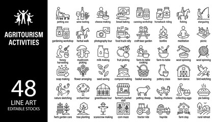 Obraz premium Agritourism Experience and Sustainable Farm Life Icon Collection in Minimal Outline Vector Illustration Style