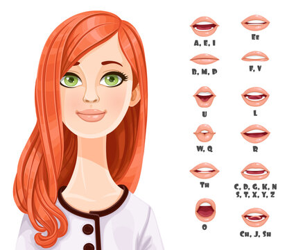 Cute redhaired girl  talking mouth animation. Female character speak mouths expressions