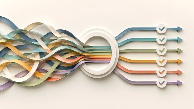 Tangled colorful ribbons passing through a white ring and becoming organized straight arrows with checkmarks symbolizing simplified business processes