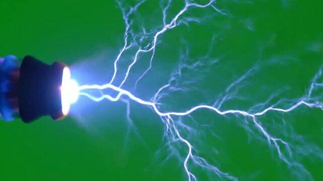 High-voltage electric arc discharge on green screen, tesla coil plasma spark effect for science and technology visual effects