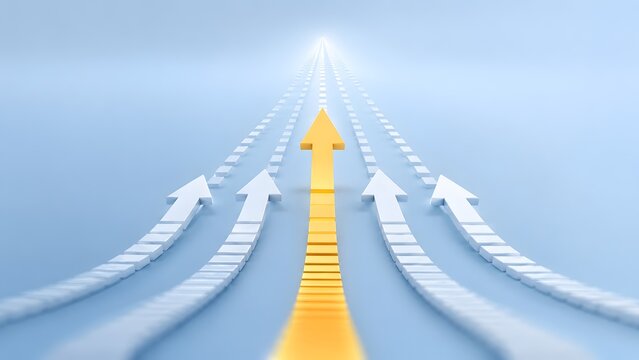 Golden 3D arrow leading white arrows forward towards a bright horizon symbolizing business success and visionary leadership