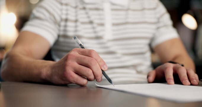 Hand, person and writing in office with document, contract and editor approval of draft submission. Copywriter, signature and paperwork with manuscript, agreement and permission form for publication