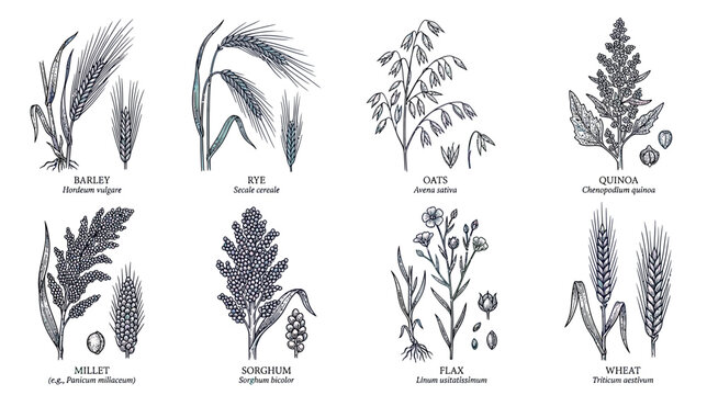 Collection of Hand-Drawn Cereal Grains and Seeds Illustrations