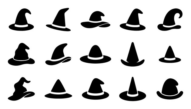 Collection of various black pointed witch hats with wide brims and some with decorative bands displayed on a white background