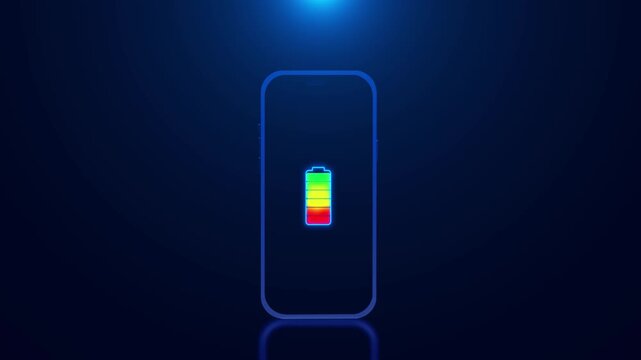 Neon mobile battery indicator visual bright multicolor levels, outlined phone shape, and deep blue ambience. low power alerts, charging animations, app explainers, energy promos, device interface