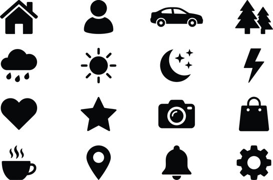 Collection of various black and white web interface icons presented in a clean minimalist silhouette