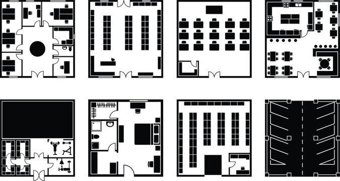Architectural Floor Plan Vector Icon Set Top View Blueprint Layouts for Commercial and Residential Spaces