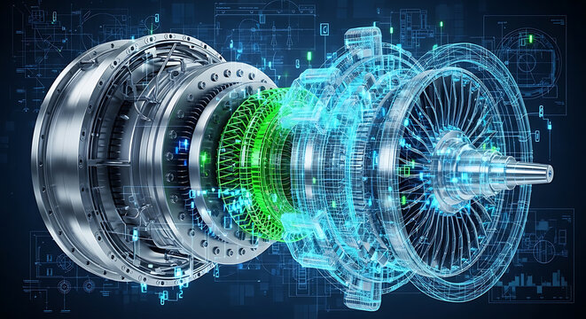 Futuristic industrial turbine engine with 3D digital wireframe glowing holographic blueprint