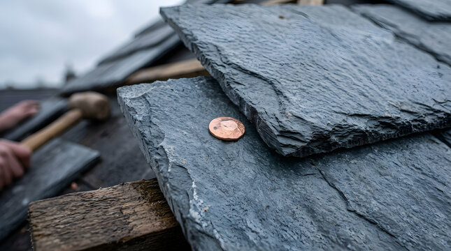 Traditional slate roof installation|Professional roofing contractor services|Natural stone roof tiles with copper nails|Residential roof renovation project