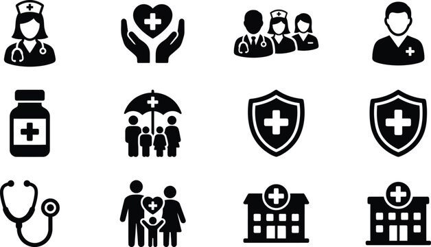 Collection of medical and healthcare icons presented in a clean and professional dark purple silhouette