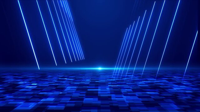 Futuristic blue data floor visual glowing vertical beams, pixel tiles, central light flare, cinematic 19 depth. digital stages, broadcast openers, product demos, cyber scenes, motion graphics.