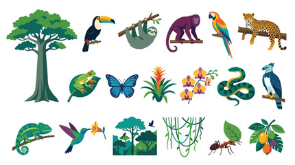 Fototapeta premium Tropical Rainforest Animals and Plants Flat Vector Icons Set