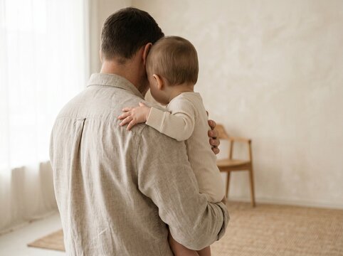 Father holding his baby son. Dad embracing toddler in a bright minimal home interior.