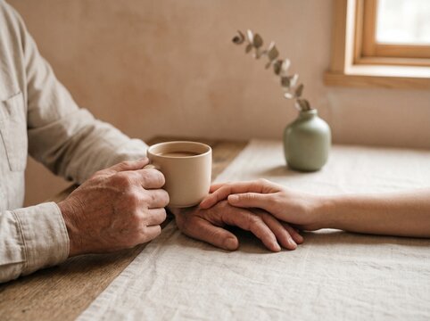 Senior and young hands holding together. Intergenerational support and care concept.