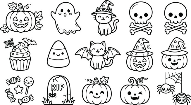 Collection of cute hand drawn halloween icons featuring a playful black and white line art silhouette