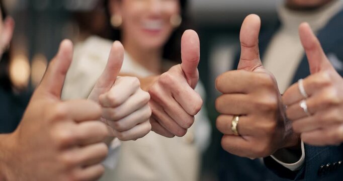 Hands, corporate and people in office with thumbs up, good news and success for real estate. Smile, team or hand gesture in workplace for agreement, positive feedback and achievement of sold property