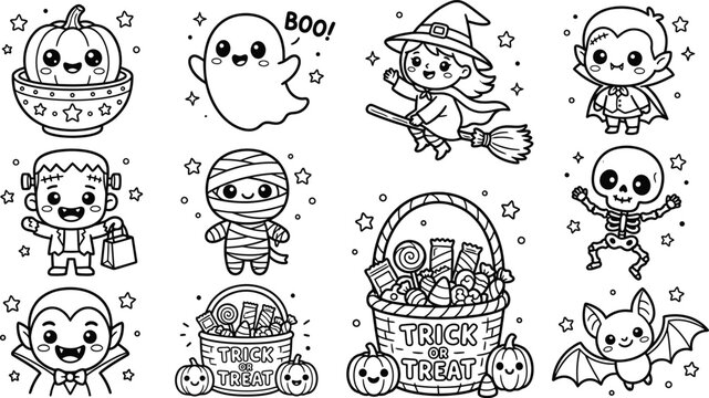 Collection of cute kawaii halloween characters and festive elements in a black and white line art silhouette
