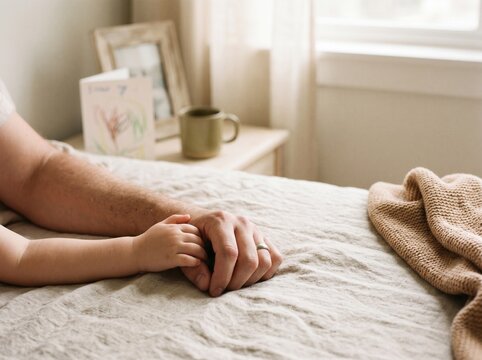 Parent holding baby hand on bed. Tender moment of mother and newborn child at home.