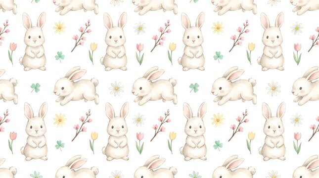 Watercolor seamless pattern with cute bunnies. Easter background with rabbits and flowers.