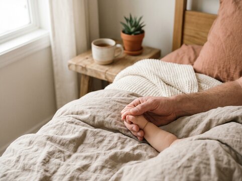 Adult holding baby hand in bed. Parent and infant bonding in a cozy minimalist bedroom.
