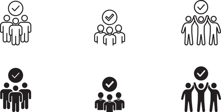 Group of people icons with checkmark symbols for team success and approval
