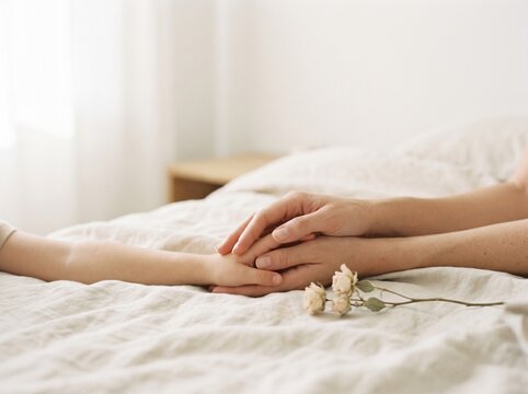 Adult and child hands holding together. Gentle parent and baby connection on soft bed.
