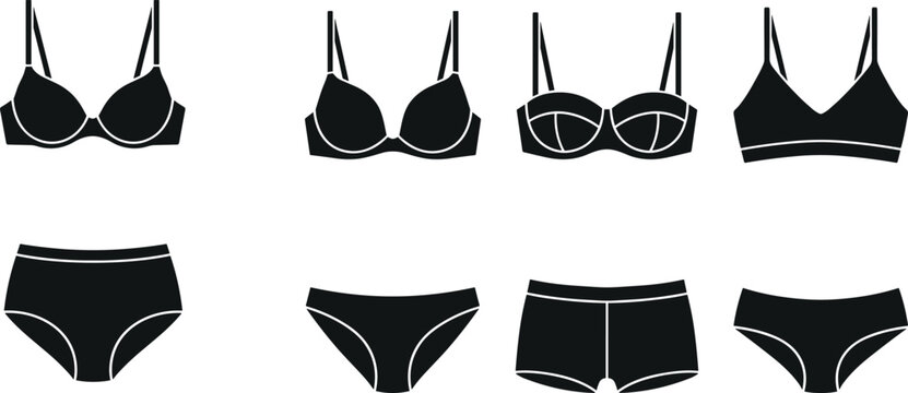 Women Lingerie and Underwear Icon Set Flat Black Vector Illustration Silhouette