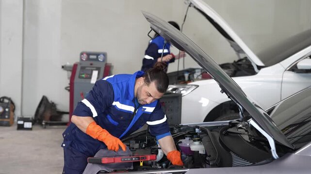 Mechanic car repair engine maintenance workshop service diagnostic technician scanner using scan tool under open hood, checking vehicle in garage, troubleshooting breakdown inspection