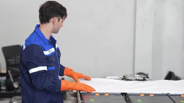 Technician mechanic performs battery inspection for electric vehicle maintenance in workshop, glove, worker checks high voltage module on factory line and adjusts printer during repair service