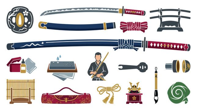 Japanese Samurai Sword Katanas, Accessories, and Bushido Culture Flat Icons