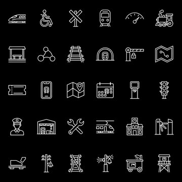 Railway transport and train station vector line icons set.