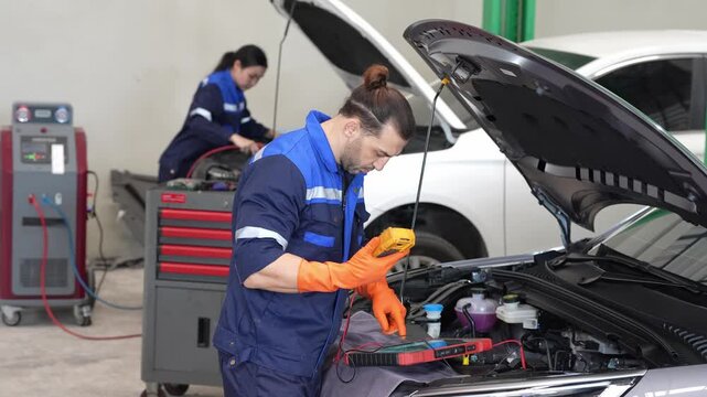 Auto mechanic car engine diagnosis multimeter workshop maintenance technician checking battery wiring under open hood, focused teamwork in garage, tool cabinet equipment, vehicle diagnostic repair