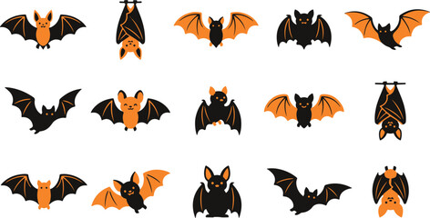 Obraz premium Set of cute cartoon bats for halloween decoration featuring various flying and hanging poses on a white background