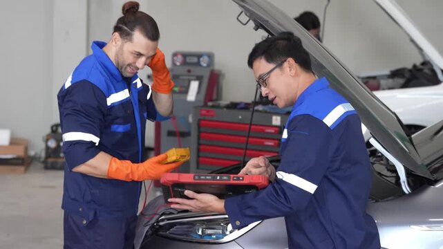 Auto mechanic car repair garage diagnostic technician maintenance engine service, two male workers using multimeter for battery voltage wiring test under open hood, teamwork during vehicle inspection