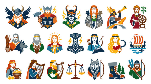 Flat Viking Norse Mythology Icons Set, Gods, Goddesses, Symbols
