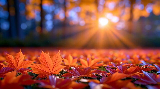 Colorful autumn maple leaves glowing in warm sunrise light, capturing the beauty of the fall season, nature, tranquility, changing foliage, and a peaceful woodland landscape.