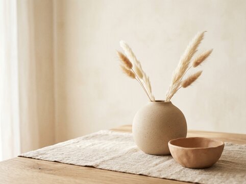 Minimalist vase with pampas grass. Neutral home decor with dried flowers on a wooden table.