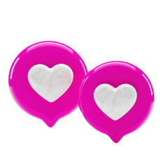 Fototapeta premium Two hyper-glossy, volumetric magenta social media notification bubbles with volumetric white heart icons against a sterile, shadowless white background, macro product photography, concept of digital