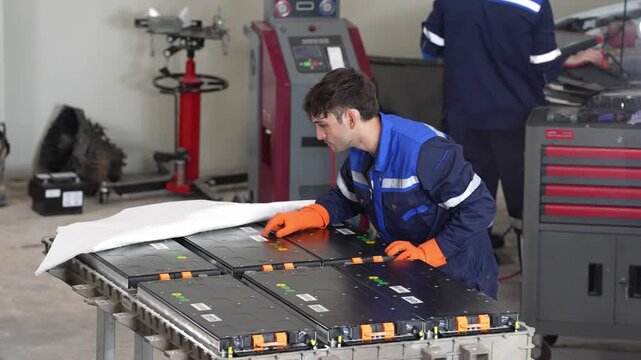 Electric vehicle battery technician workshop repair maintenance safety glove, engineer inspecting lithium high voltage module and battery pack on workbench in automotive service garage diagnostics