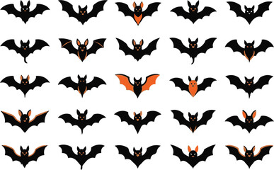 Fototapeta premium Collection of various black and orange bat silhouettes isolated on white background for halloween party decoration design elements