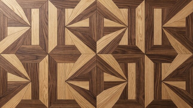 Exquisite wooden parquet flooring featuring a complex geometric mosaic pattern crafted from contrasting light and dark timber planks