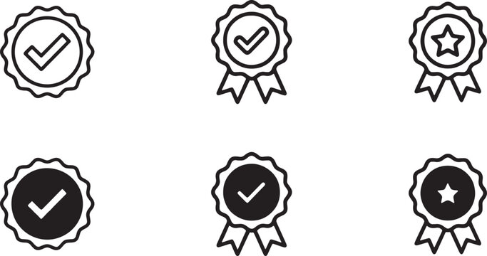 Quality assurance seal and award badge icons with checkmarks and stars, approval