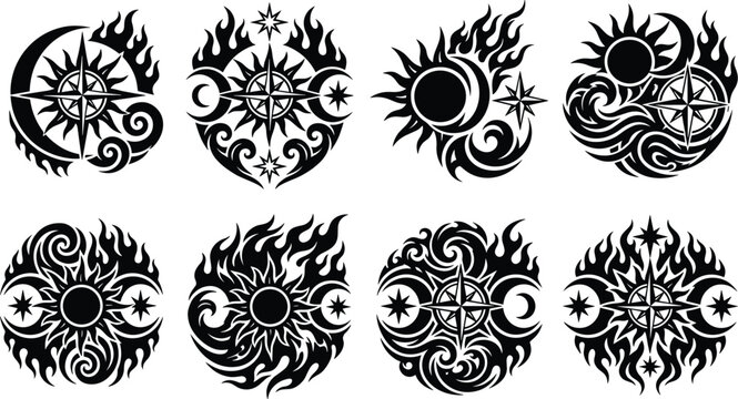 Tribal Sun Moon Compass and Flame Tattoo Elements Vector Illustration Set Isolated on White Background