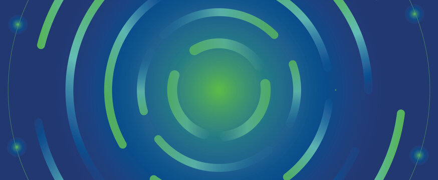Abstract blue and green digital technology background featuring luminous concentric circular lines, glowing particle dots, and futuristic modern design.